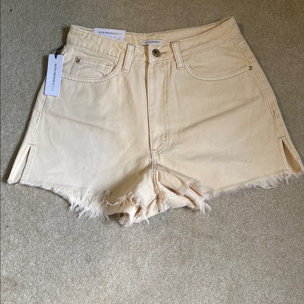 WeWoreWhat Cream Jean Shorts Distressed Mid-Length